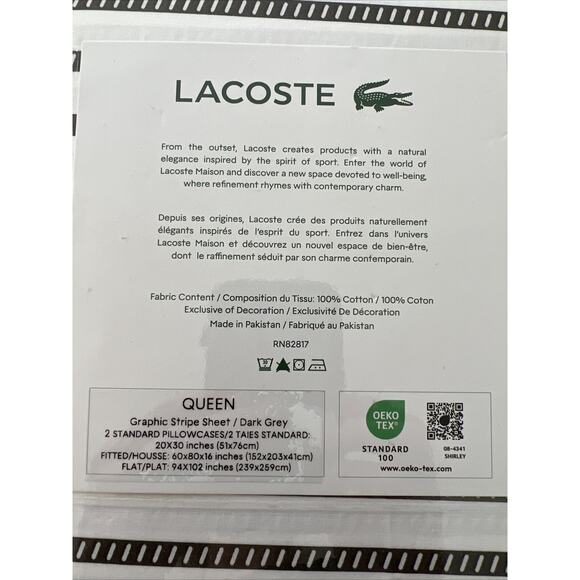 Lacoste Graphic Stripe Gray White 4pc QUEEN Sheet Set 109% Cotton Dark Grey Logo - Picture 5 of 6